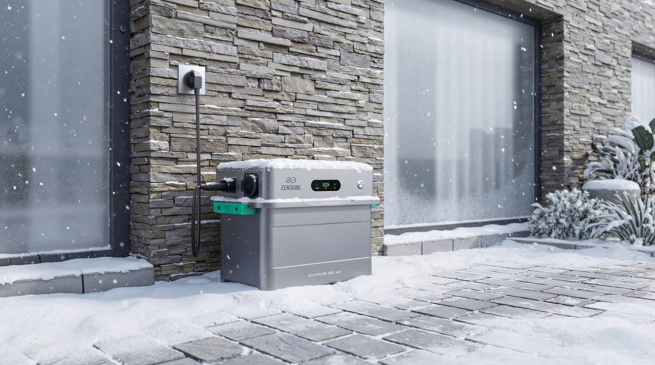 Zendure SolarFlow 1600 AC+ buiten in de sneeuw, aangesloten op een buitenstopcontact