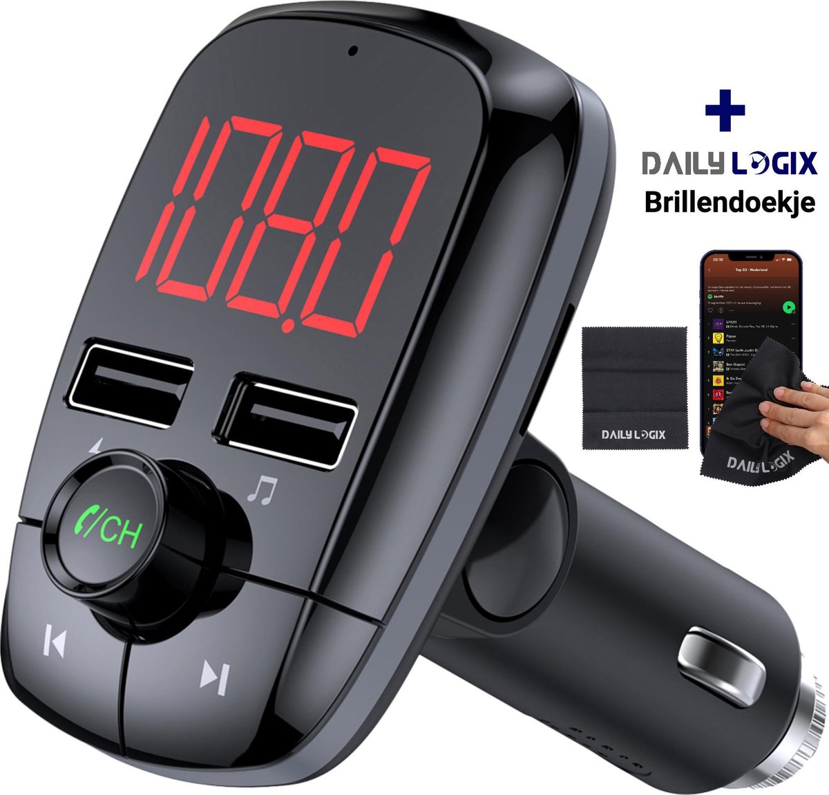 Bluetooth FM Transmitter - Autoradio - Carkit - Auto Accessories - Bluetooth Adapter - MP3 Speler - USB Stick - SD Kaart - Snellader Iphone/Samsung/Huawei - Muziek Streamen - Handsfree Bellen - Daily Logix®
