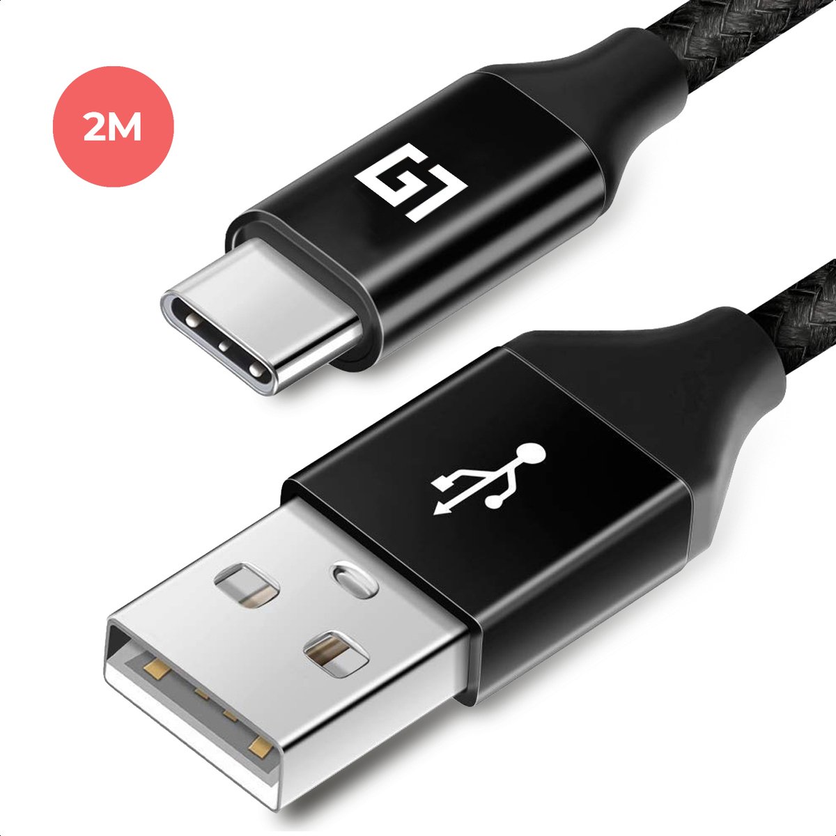 Auronic USB-C Data- en Laadkabel - 2.4A Snellader Kabel - 2 Meter - Fast en Quick Charge Oplaadkabel - Type C Naar USB-A - Oplaadsnoer Telefoon - Laptop - Gevlochten Nylon - Zwart