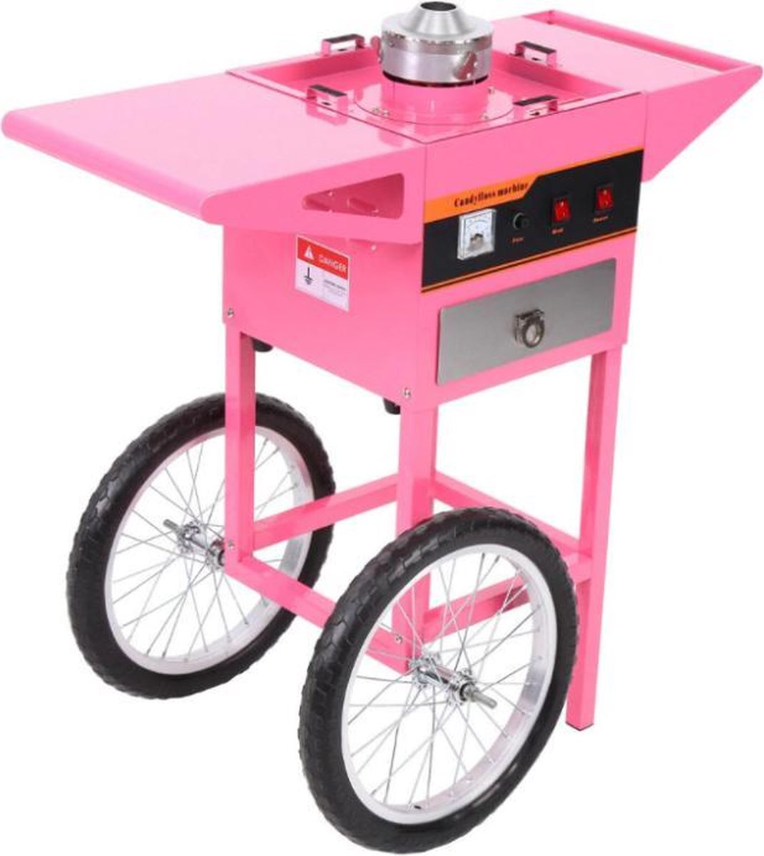 Professionele RVS suikerspinmachine - Roze - met roestvrijstalen suikerschep en kom - verjaardagsfeestjes, afstudeerfeesten, festivals, carnavals en beurzen - 1300 W - Met Kar -