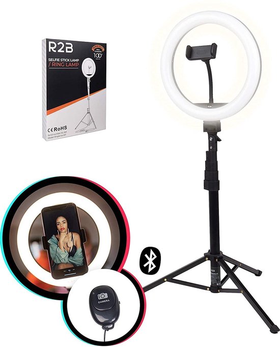 R2B® Ringlamp met Statief - 10 Inch - 186 cm hoog - 30 lichtstanden - Ringlight - Ring Light - Ringlampen - Model Groningen
