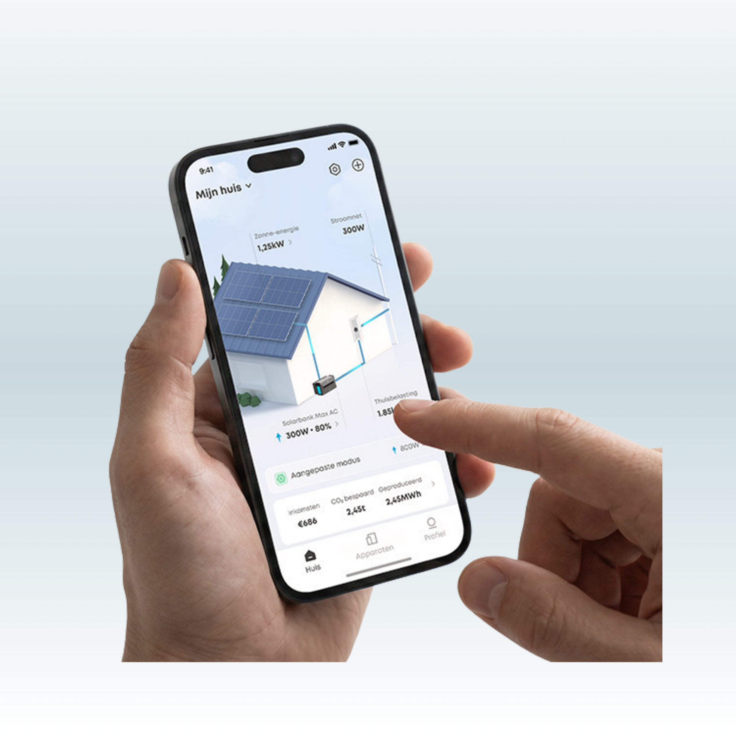 Anker SOLIX-app op een telefoon met de energiestromen van een woning