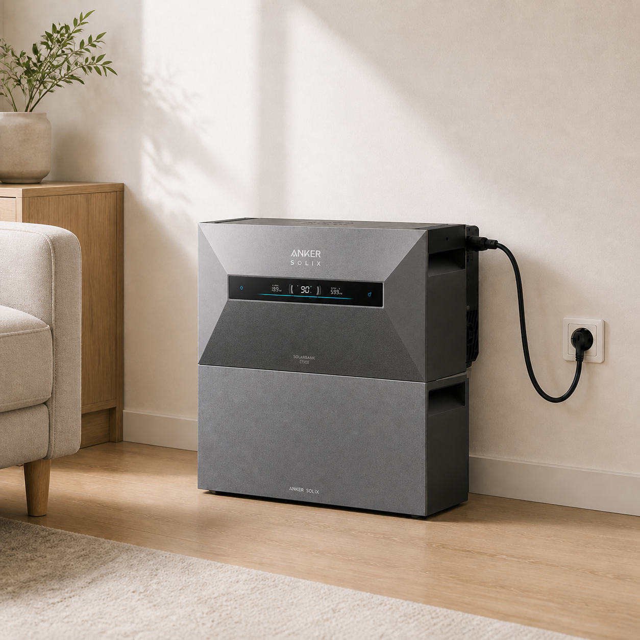 Anker SOLIX Solarbank Max AC in de woonkamer, aangesloten op een stopcontact