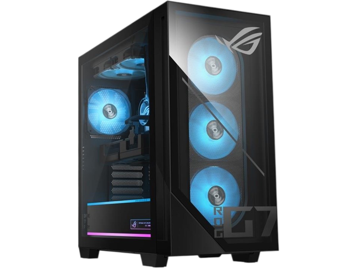 Zwarte ASUS ROG G700 gaming pc met glazen zijpaneel en blauwe ventilatoren, te koop bij Paradigit