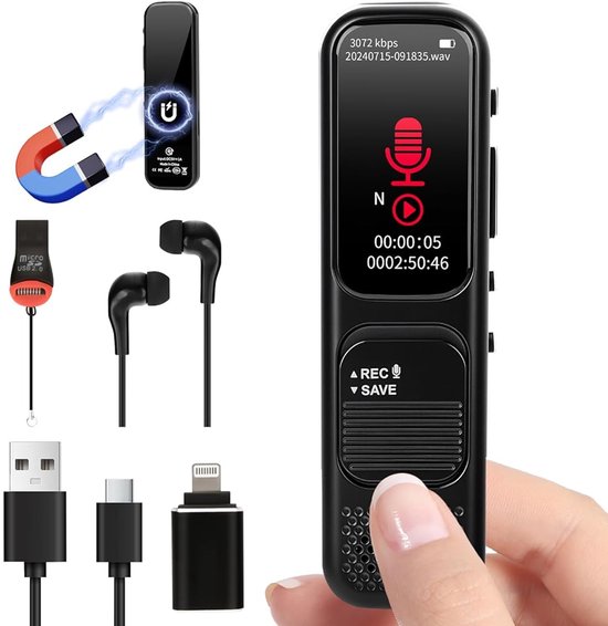Digitale dictafoon 64GB voice recorder met ruisonderdrukking USB opladen voor vergaderingen