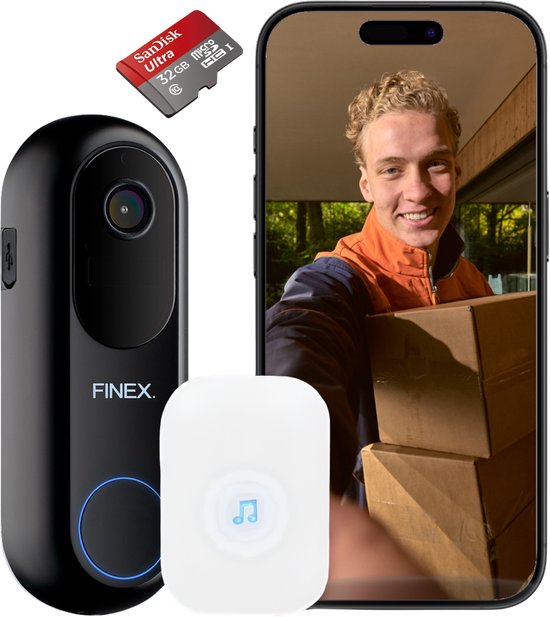 Finex Video Deurbel met Camera V2 Pro draadloos bedraad binnenbel dag nacht zonder abonnement