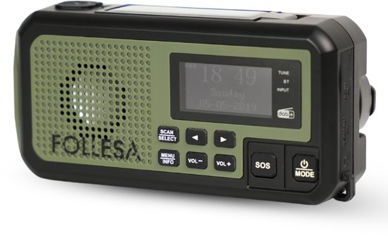 Follesa DAB-373BT noodradio met solar powerbank 5000mAh DAB FM en Bluetooth