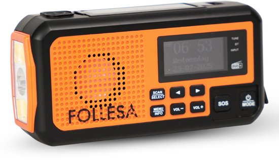 Follesa noodradio met DAB+ FM solar powerbank 5000mAh opwindbaar voor camping