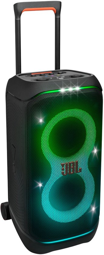 JBL PartyBox Stage 320 party speaker met lichtshow, wielen en handvat in de tuin