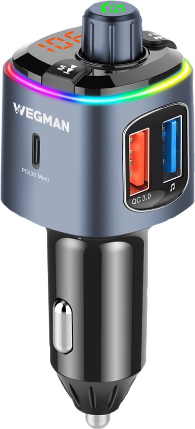 Wegman Bluetooth FM transmitter carkit met USB-C snellader voor handsfree bellen in auto